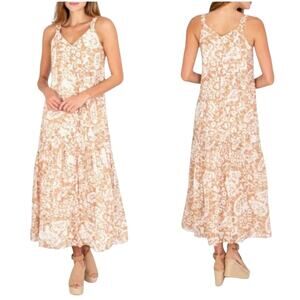 Joie White Brushed Clay Print Tan Tiered Maxi Dress
